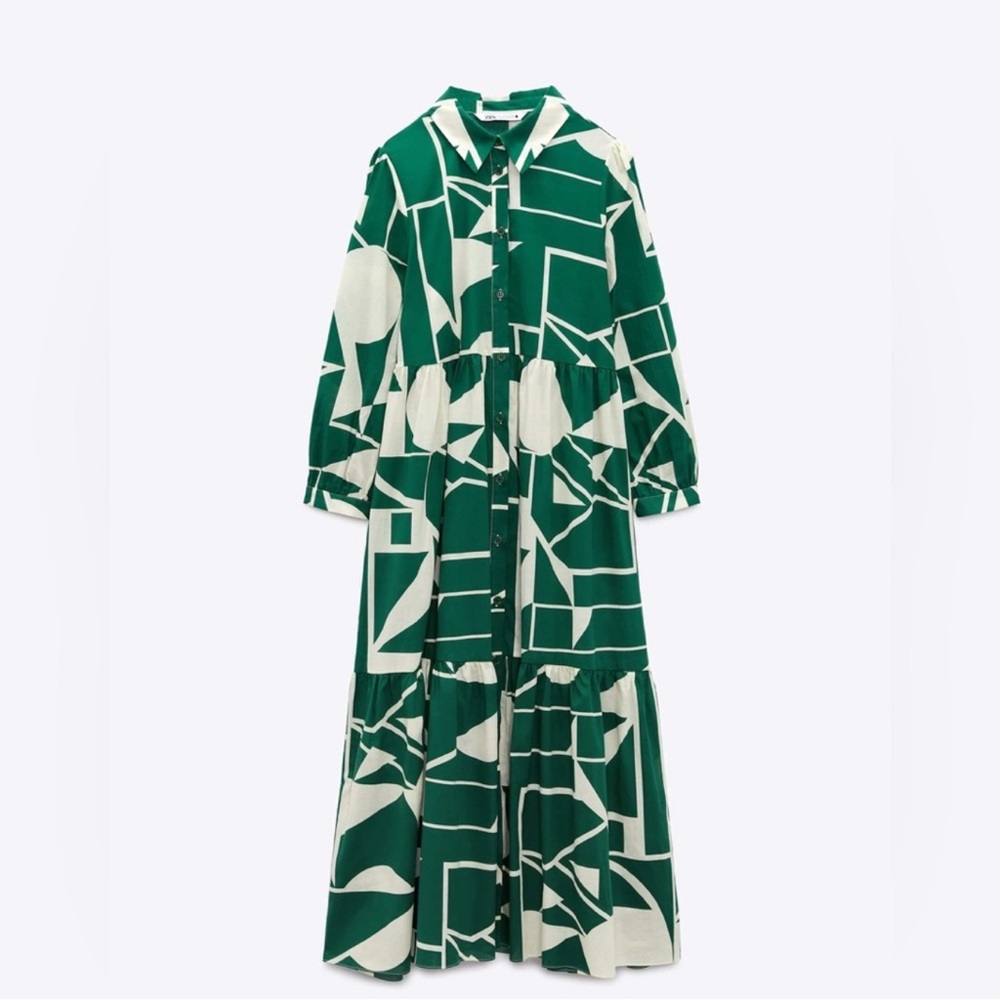 Zara Green Geometric Print Maxi Dress XS